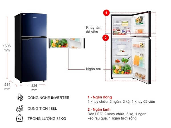 Tủ lạnh tiết kiệm điện Panasonic Inverter 188 lít NR-BA229PAVN